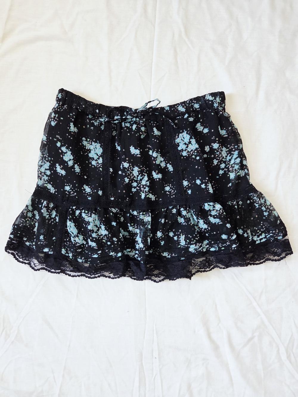H&M Black Aqua Floral Tiered Lace Frill Trim Mini Skirt